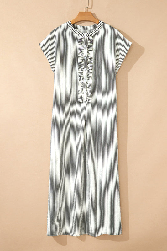 Stripe Frilled Half Buttoned Maxi Dress