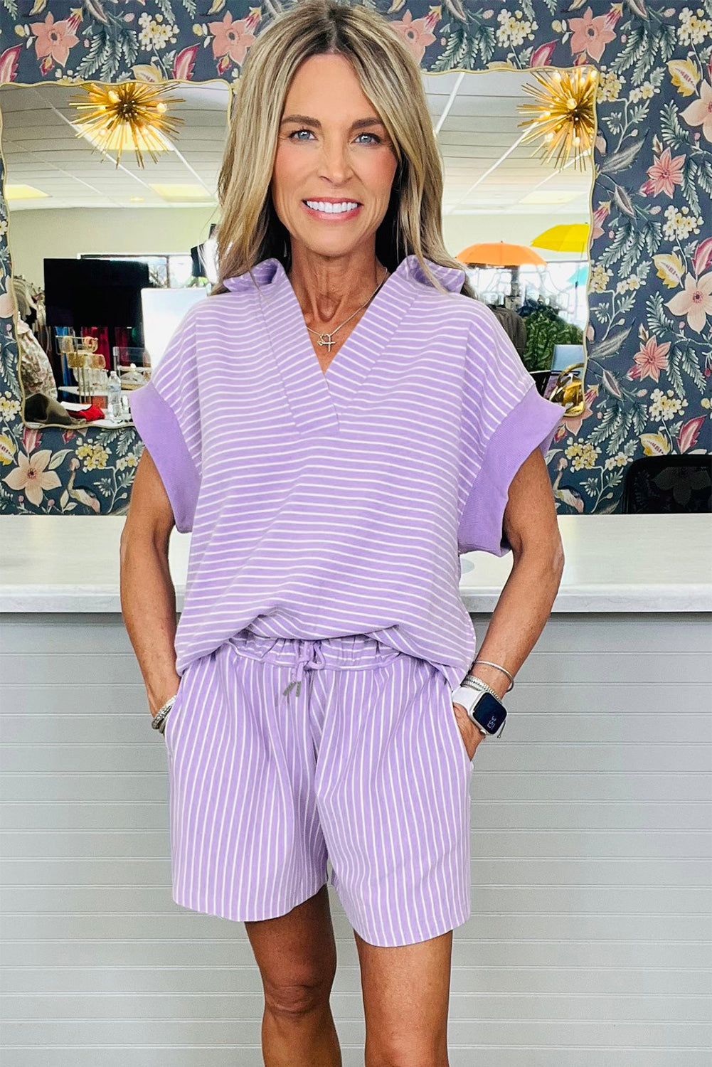 Stripe Dolman Sleeve Polo Shirt & Drawstring Shorts Set