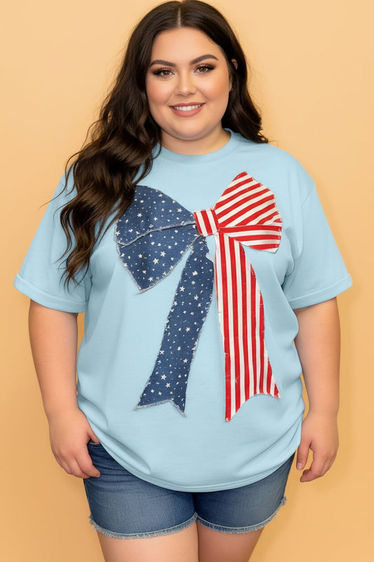 Plus Size Patriotic Stars & Stripes Bow Patchwork T-Shirt