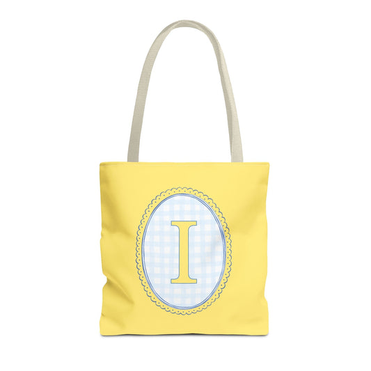 Custom Gingham Initial Tote Bag with Blue and Yellow Flowers, Cute Blue Gingham Pattern, Wildflower Retro Aesthetic Tote Bag with Letter: I