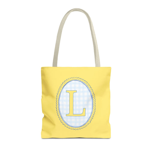Custom Gingham Initial Tote Bag with Blue and Yellow Flowers, Cute Blue Gingham Pattern, Wildflower Retro Aesthetic Tote Bag with Letter: L