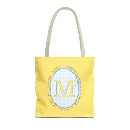 Custom Gingham Initial Tote Bag with Blue and Yellow Flowers, Cute Blue Gingham Pattern, Wildflower Retro Aesthetic Tote Bag with Letter: M
