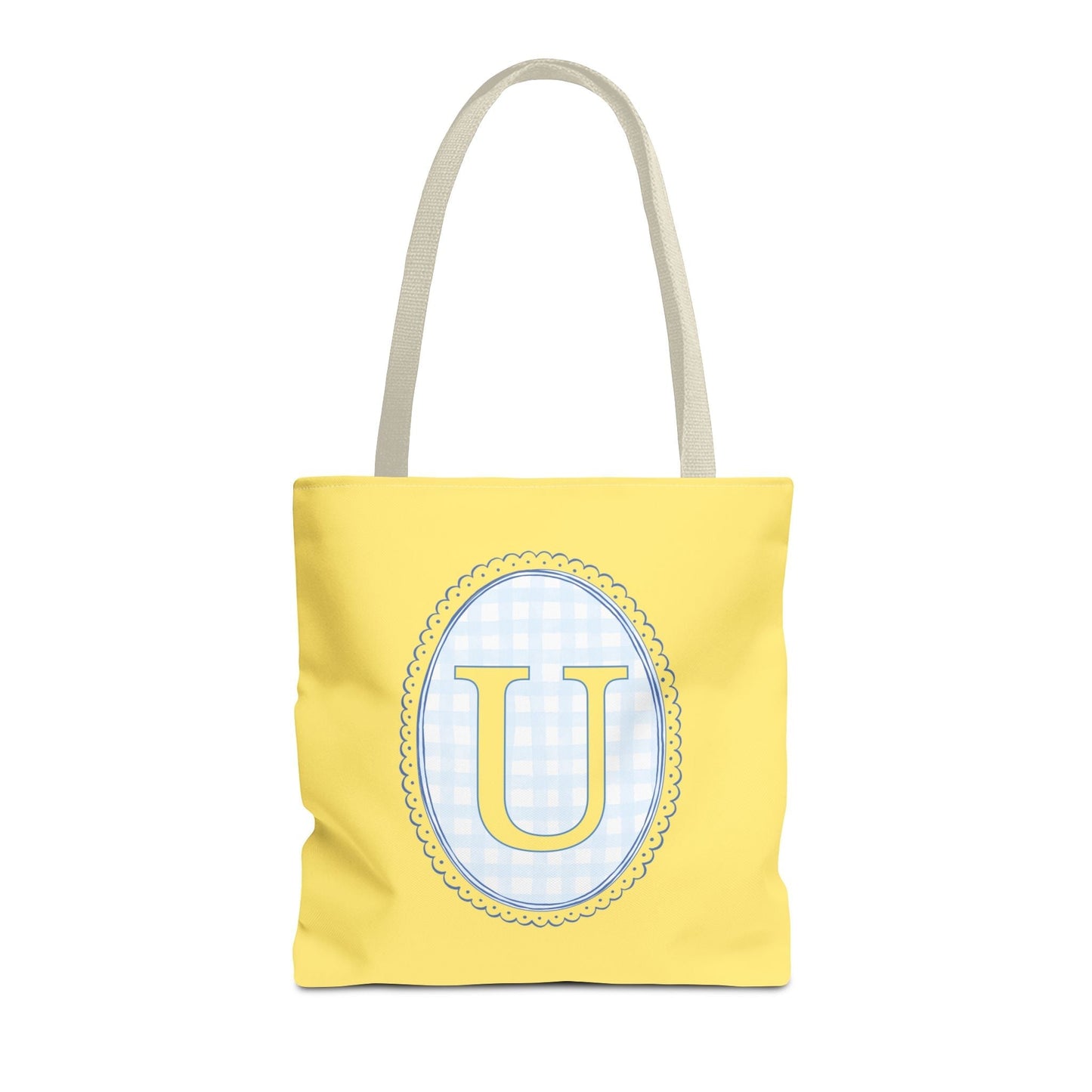 Custom Gingham Initial Tote Bag with Blue and Yellow Flowers, Cute Blue Gingham Pattern, Wildflower Retro Aesthetic Tote Bag with Letter: U