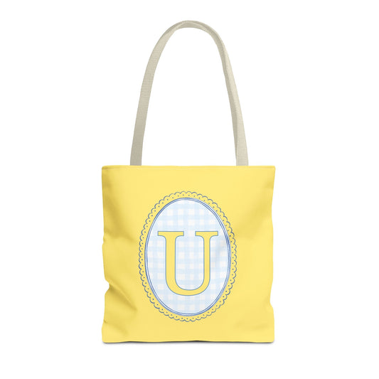 Custom Gingham Initial Tote Bag with Blue and Yellow Flowers, Cute Blue Gingham Pattern, Wildflower Retro Aesthetic Tote Bag with Letter: U