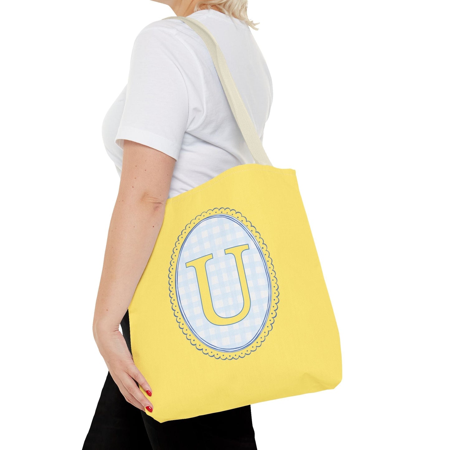 Custom Gingham Initial Tote Bag with Blue and Yellow Flowers, Cute Blue Gingham Pattern, Wildflower Retro Aesthetic Tote Bag with Letter: U