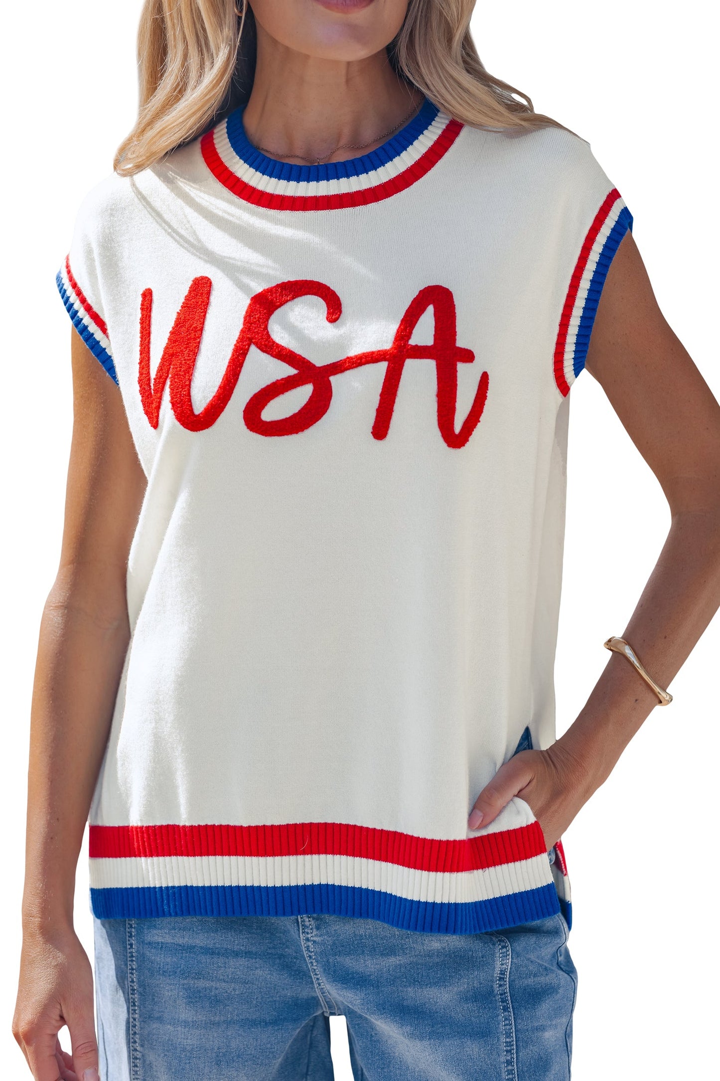 USA Stripe Contrast Trim Short Sleeve Sweater