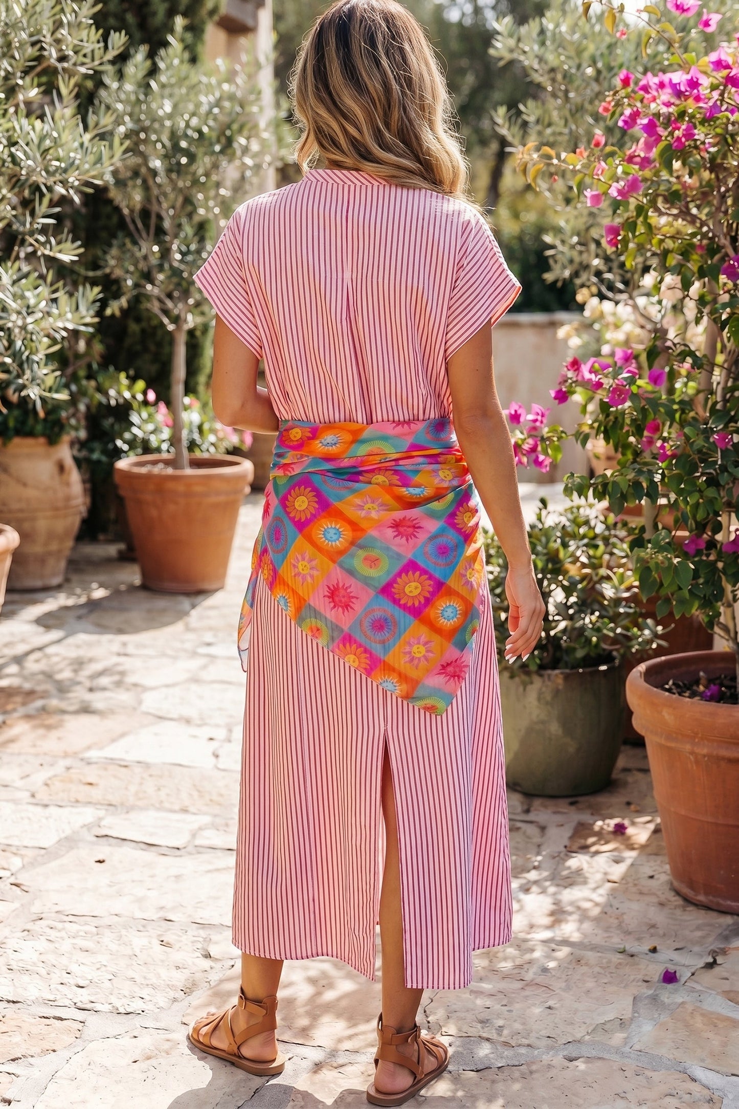 Stripe Frilled Half Buttoned Maxi Dress
