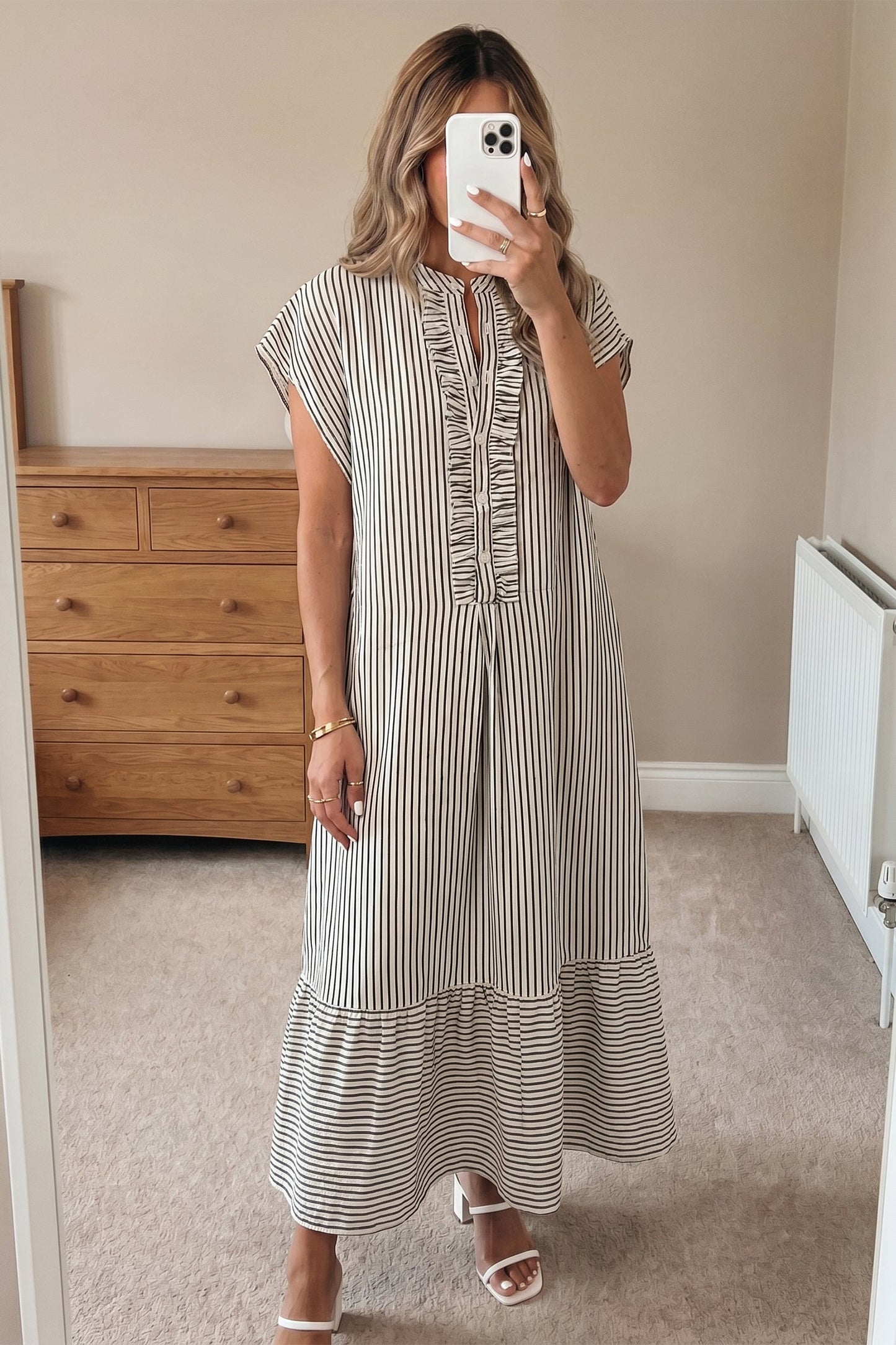 Stripe Frilled Half Buttoned Maxi Dress