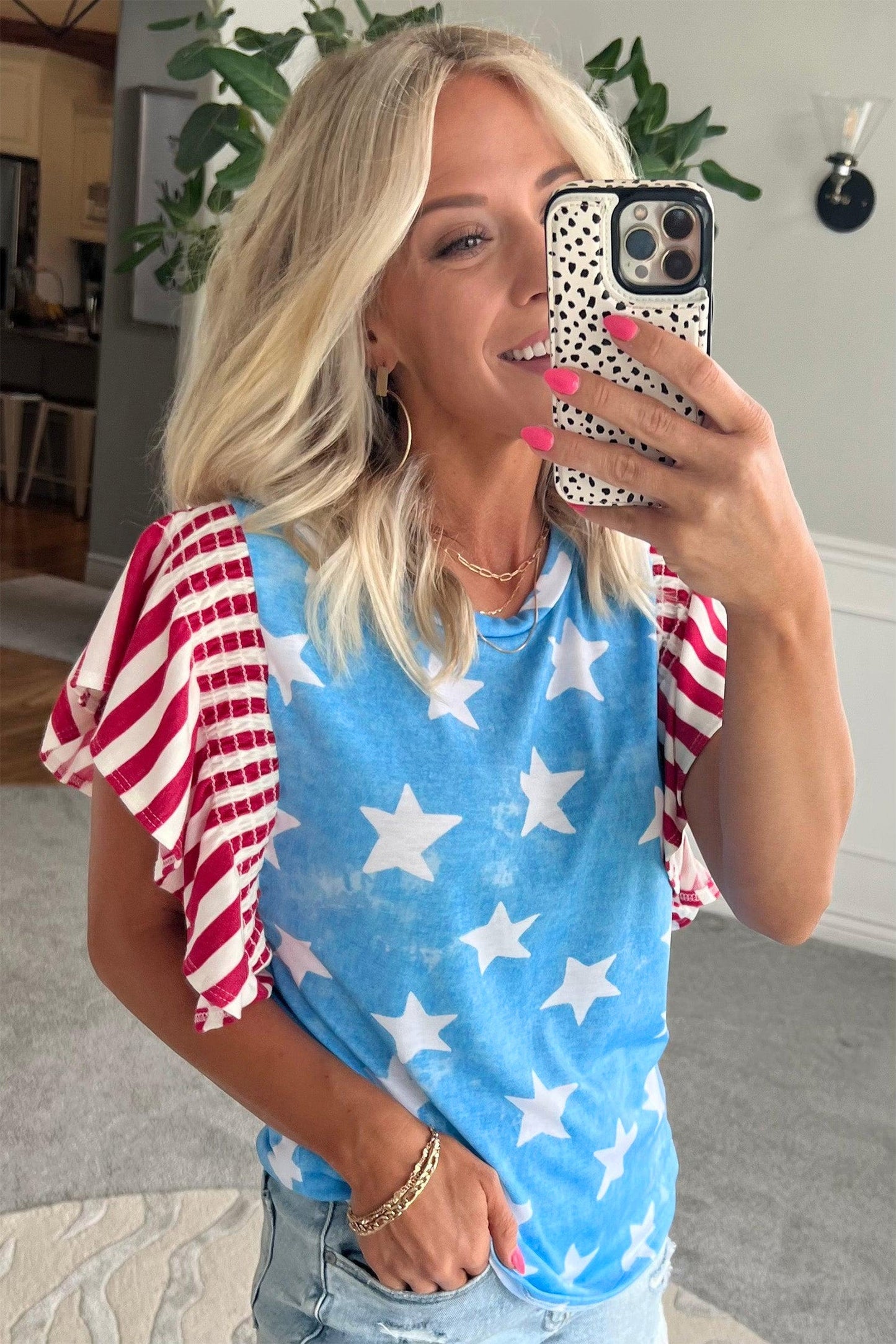 Stars & Stripes Mineral Wash Ruffle Sleeve Top