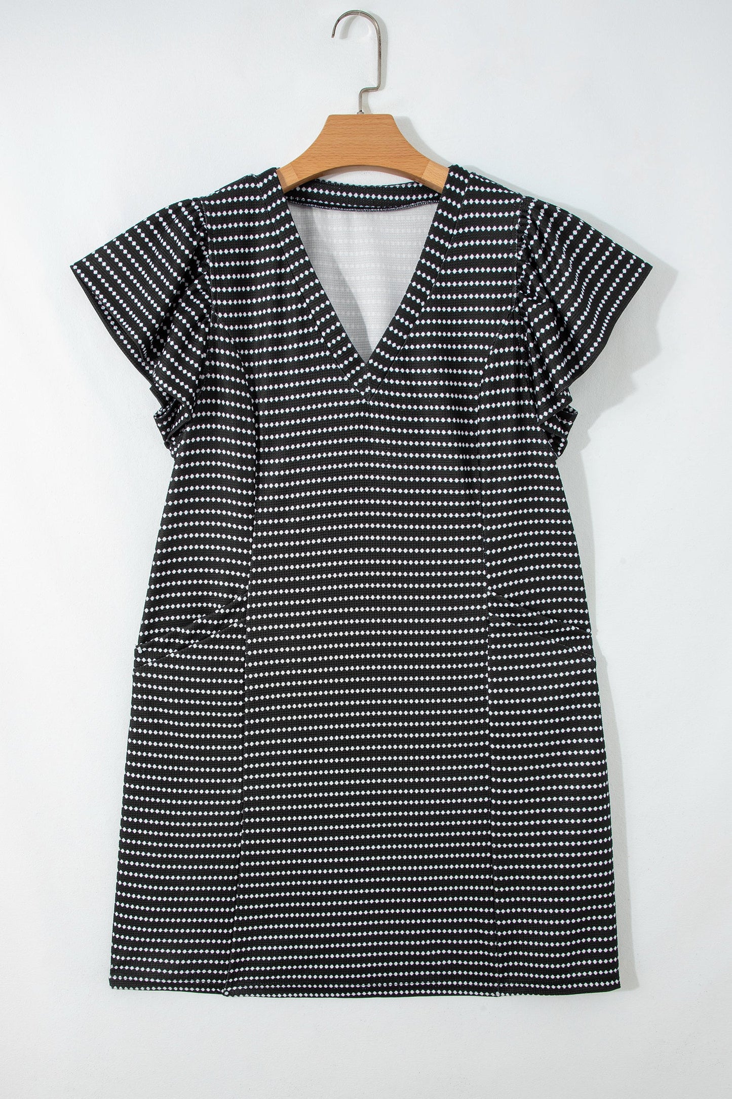 Blue Stripe Textured Knit V Neck Flutter Sleeve Shift Mini Dress