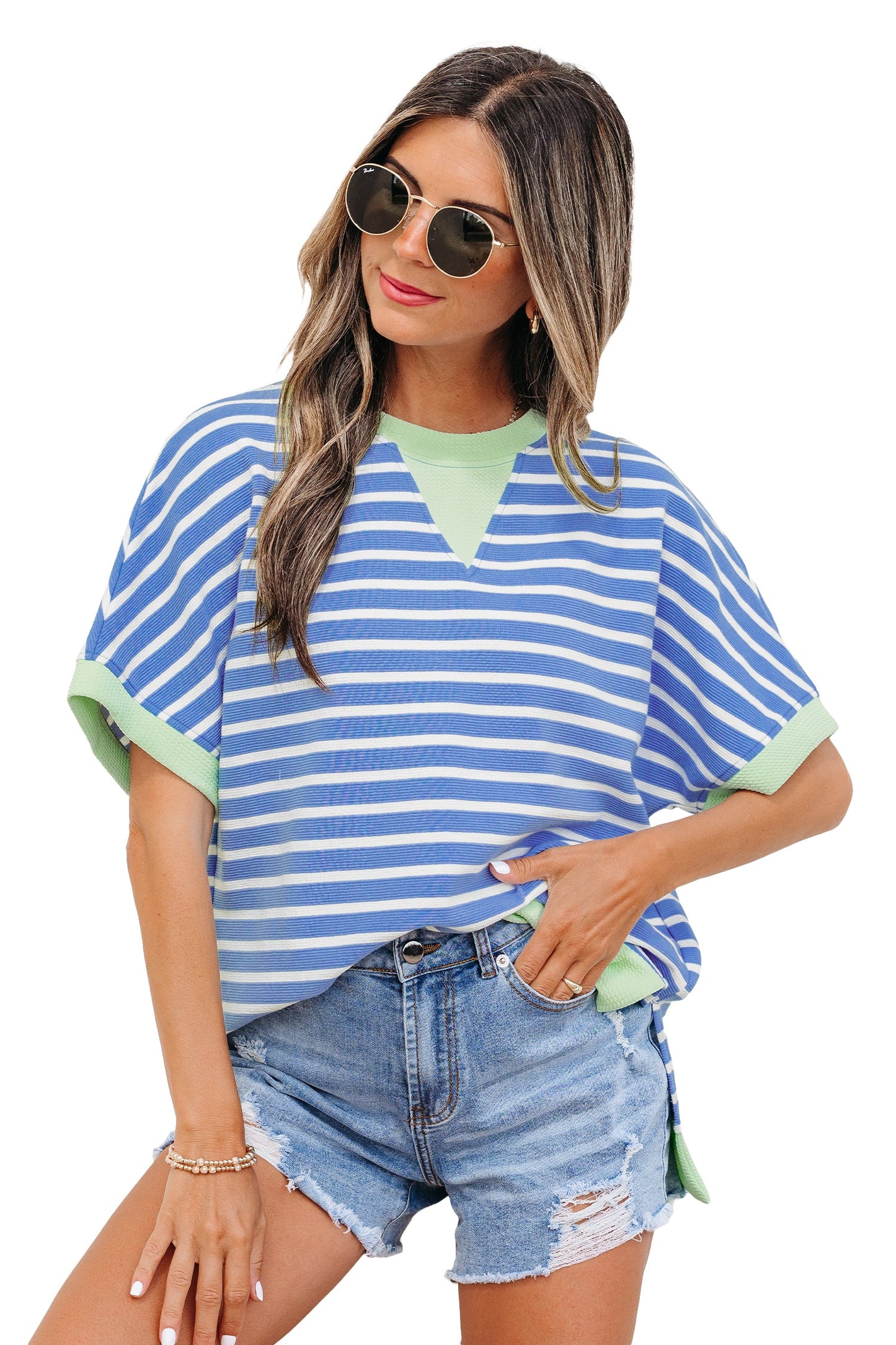 Stripe Contrast Trim Short Sleeve Top