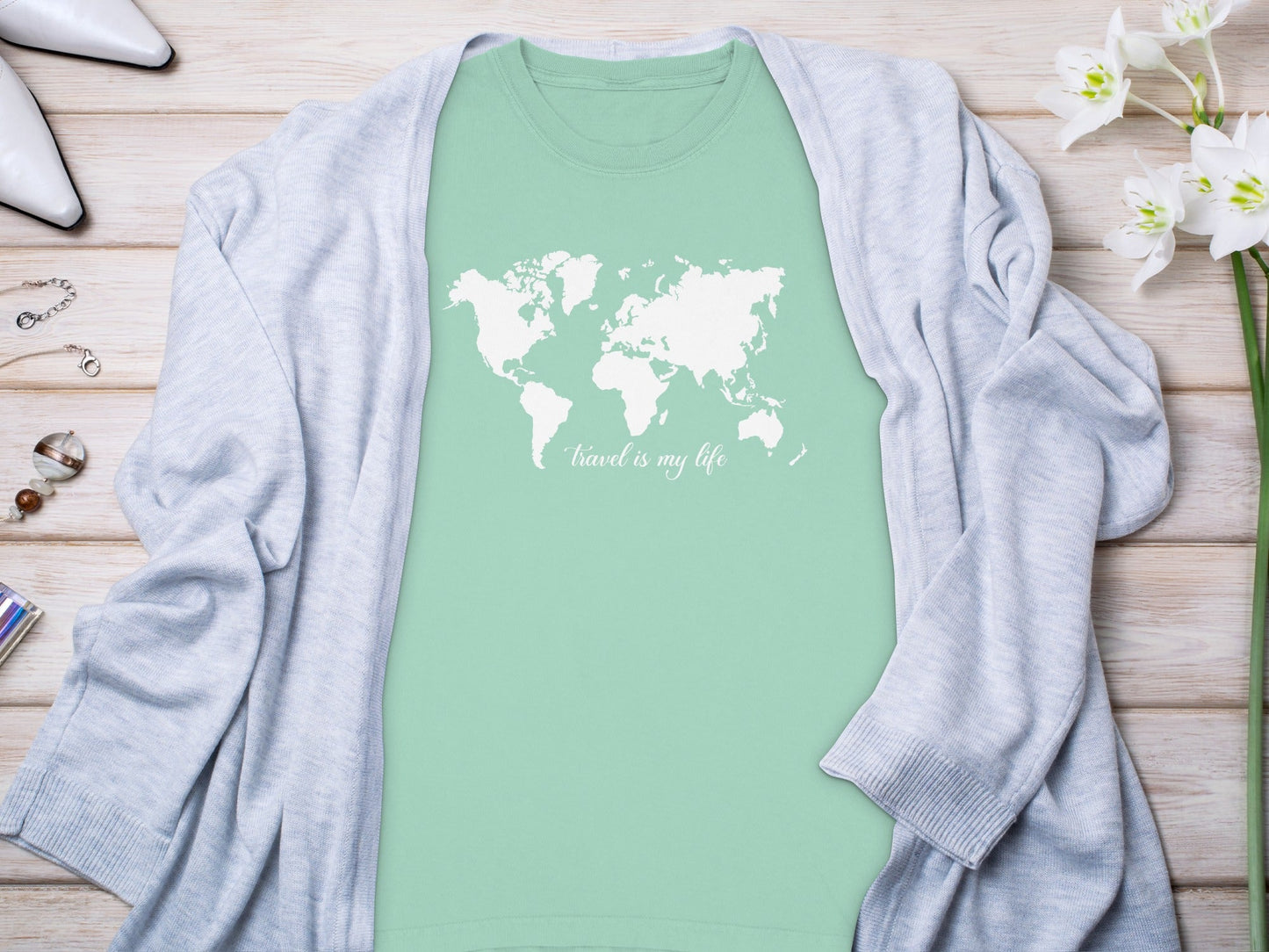 Travel Is My Life World Map Simple Modern Long Sleeve T-Shirt