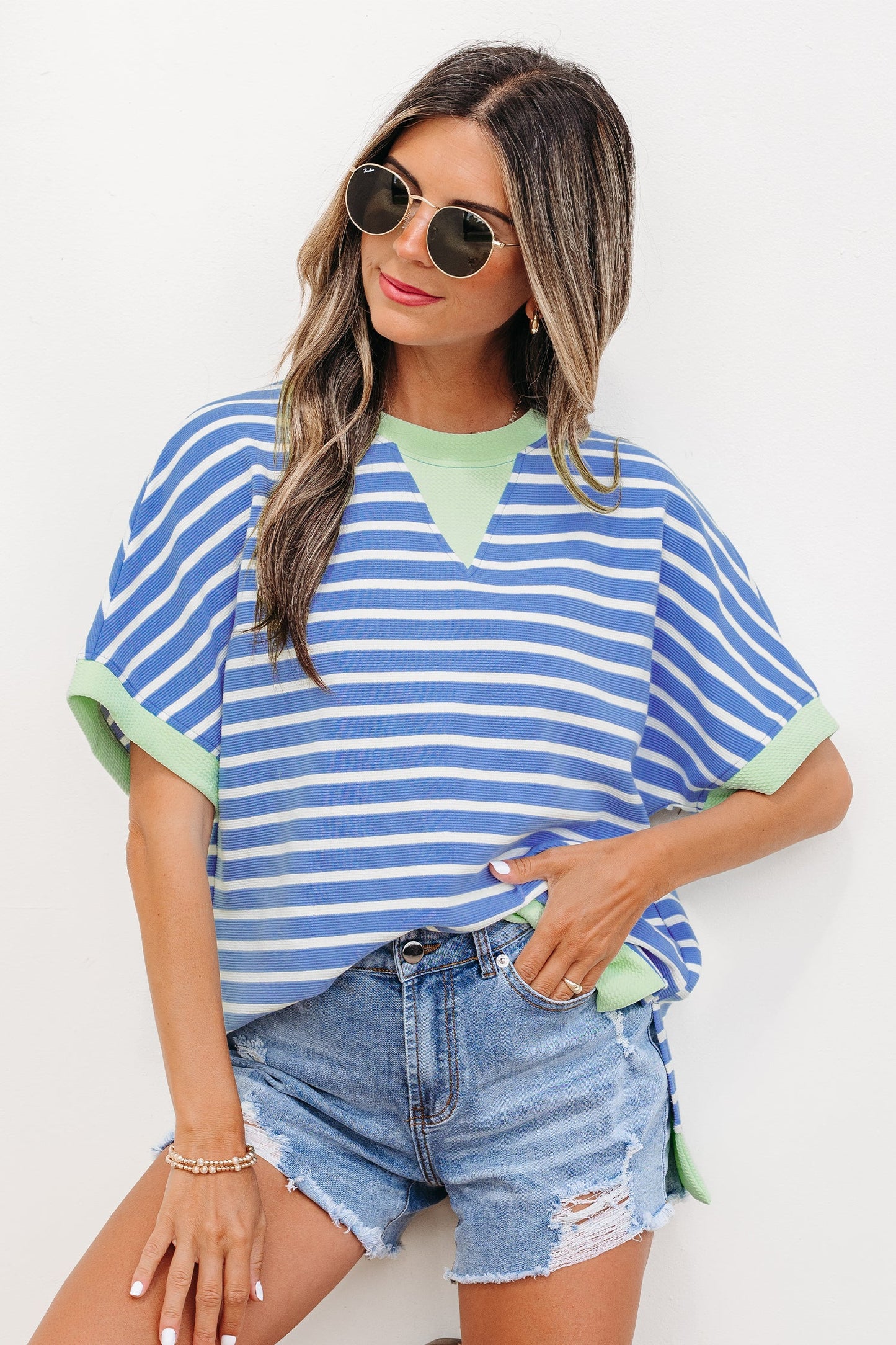 Stripe Contrast Trim Short Sleeve Top