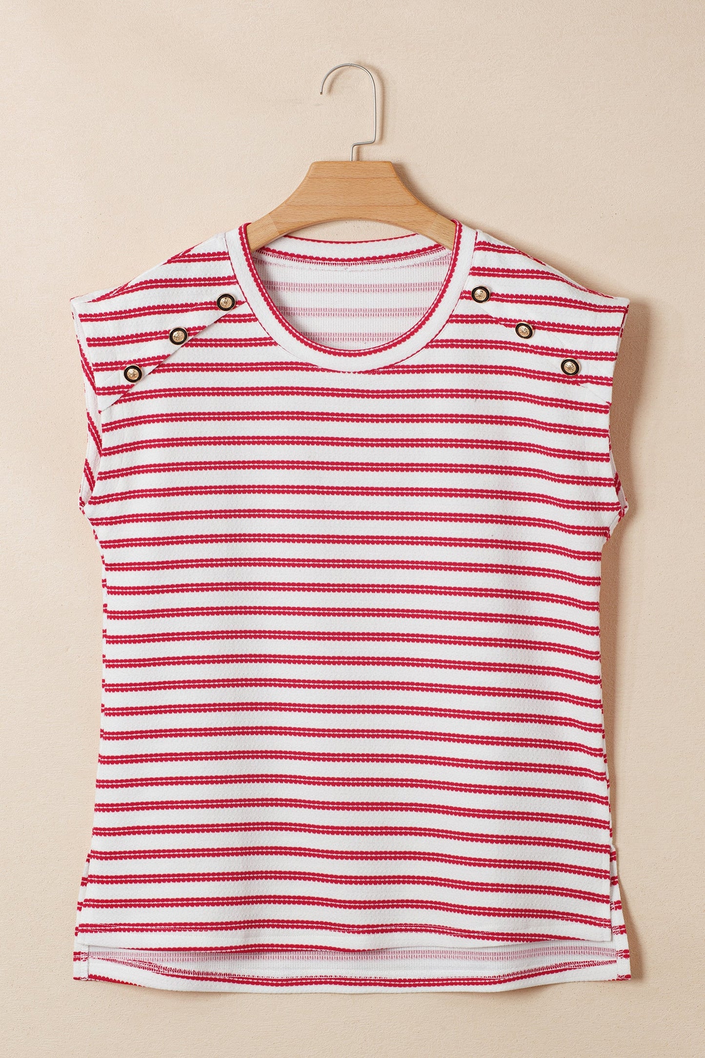 Stripe Textured Knit Buttoned Shoulder Short Sleeve Tee