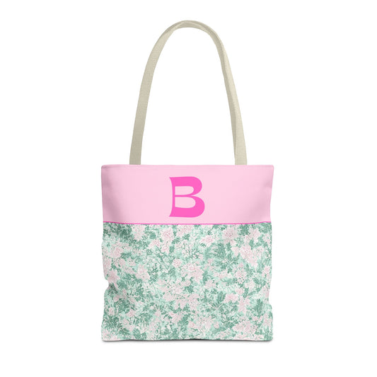 Floral Vintage Aesthetic Tote Bag with Initial for Sister or Bachelorette Party, Cute Mint and Pink Bag for Trip to Beach, Bag for Dance: B