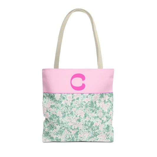 Floral Vintage Aesthetic Tote Bag with Initial for Sister or Bachelorette Party, Cute Mint and Pink Bag for Trip to Beach, Bag for Dance: C