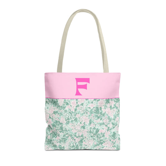Floral Vintage Aesthetic Tote Bag with Initial for Sister or Bachelorette Party, Cute Mint and Pink Bag for Trip to Beach, Bag for Dance: F