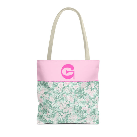 Floral Vintage Aesthetic Tote Bag with Initial for Sister or Bachelorette Party, Cute Mint and Pink Bag for Trip to Beach, Bag for Dance: G