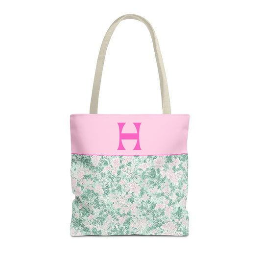 Floral Vintage Aesthetic Tote Bag with Initial for Sister or Bachelorette Party, Cute Mint and Pink Bag for Trip to Beach, Bag for Dance: H