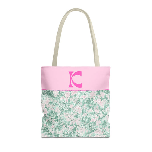Floral Vintage Aesthetic Tote Bag with Initial for Sister or Bachelorette Party, Cute Mint and Pink Bag for Trip to Beach, Bag for Dance: K