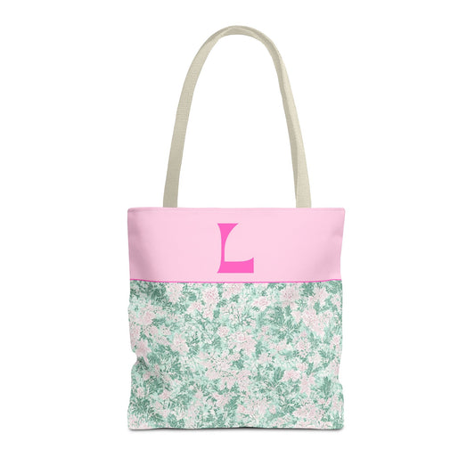 Floral Vintage Aesthetic Tote Bag with Initial for Sister or Bachelorette Party, Cute Mint and Pink Bag for Trip to Beach, Bag for Dance: L