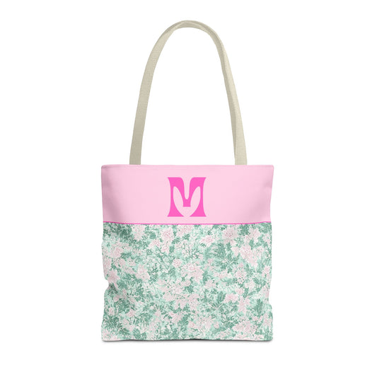 Floral Vintage Aesthetic Tote Bag with Initial for Sister or Bachelorette Party, Cute Mint and Pink Bag for Trip to Beach, Bag for Dance: M