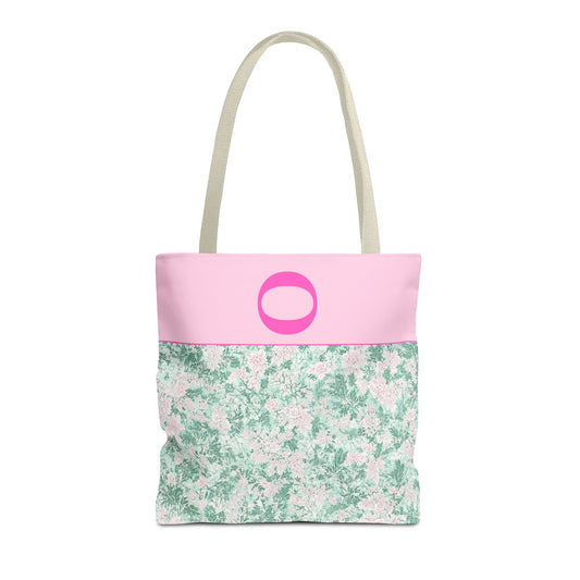 Floral Vintage Aesthetic Tote Bag with Initial for Sister or Bachelorette Party, Cute Mint and Pink Bag for Trip to Beach, Bag for Dance: O