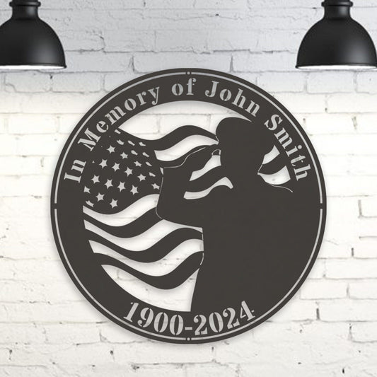 Military Fallen Soldier Memorial Salute with Flag Personalized Metal Sign