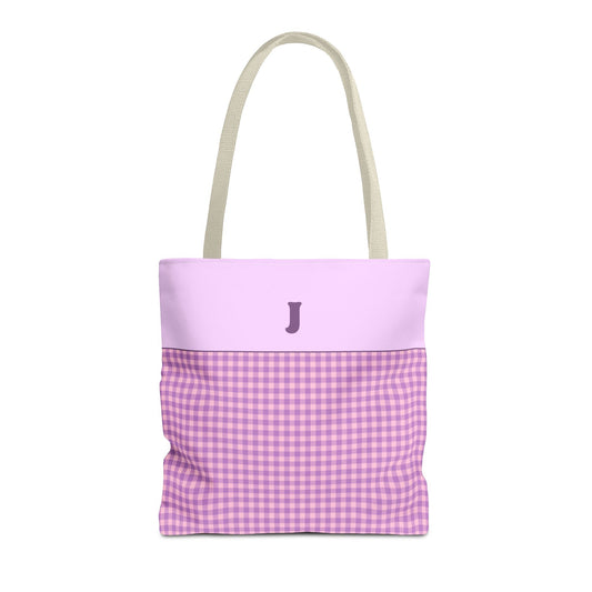 Personalized Initial Tote Bag, Cute Purple Gingham Tote Bag with Initial, Gift for Sister, Matching Wedding or Bachelorette Party Gift: J
