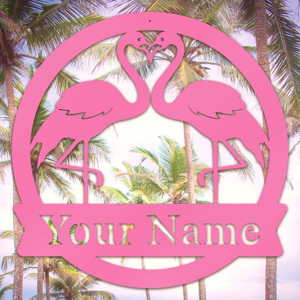 Two Flamingos Monogram Metal Sign