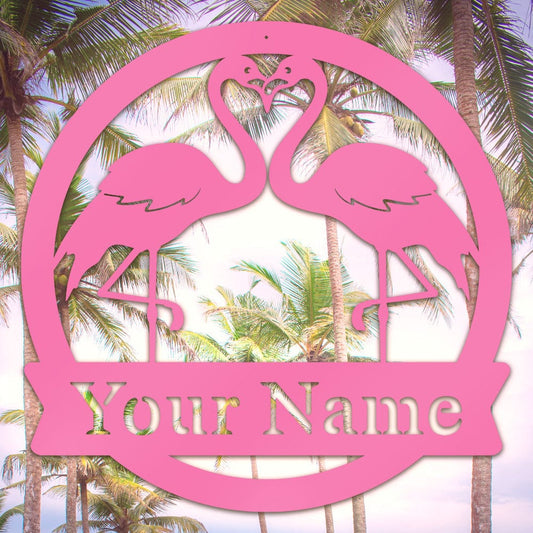 Two Flamingos Monogram Metal Sign